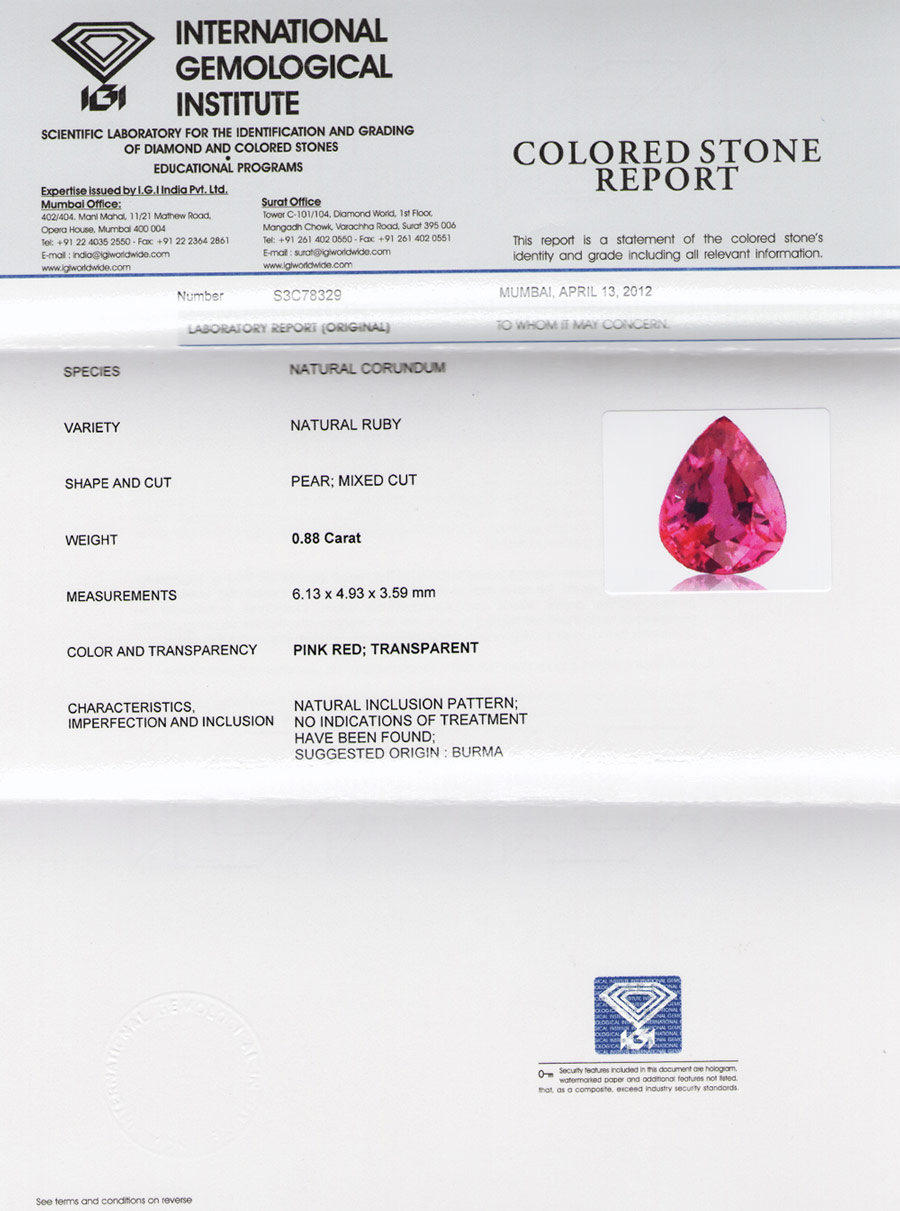 0.88-Carat IGI-Certified Unheated Pear-Shaped Burma Ruby - Click Image to Close