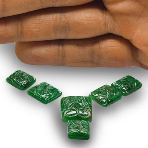 51.72-Carat 6-Pc Layout of Deep Green Carved Zambian Emeralds - Click Image to Close
