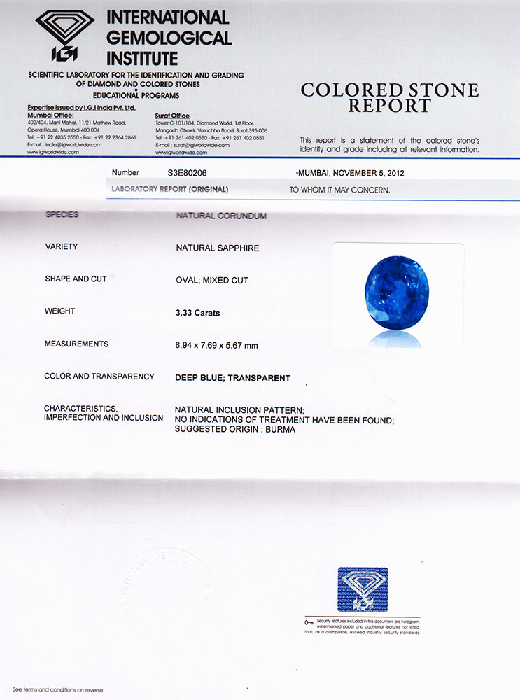 3.33-Carat Unheated Velvety Intense Blue Burmese Sapphire - Click Image to Close