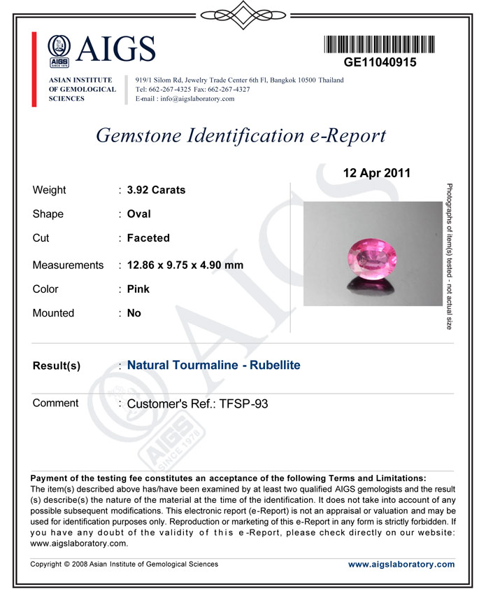 3.92-Carat AIGS-Certified Natural Deep Pink Rubellite Tourmaline - Click Image to Close