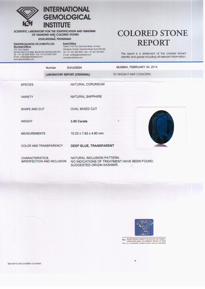 3.90-Carat Flawless Royal Blue Kashmir-Origin Sapphire (IGI) - Click Image to Close