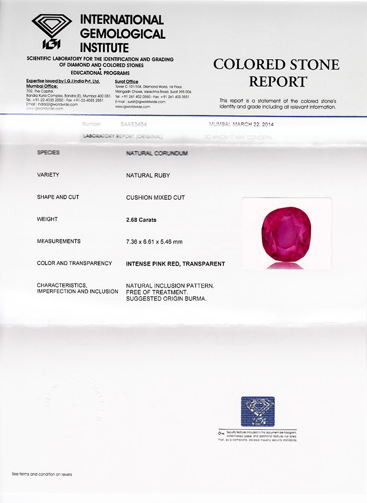 2.68-Carat Unheated Vivid Pinkish Red Cushion-Cut Burmese Ruby - Click Image to Close