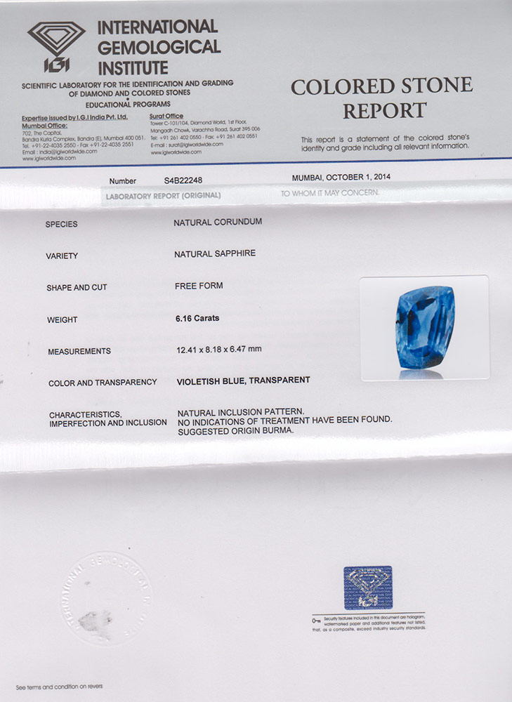 6.16-Carat IGI-Certified Unheated Velvety Blue Burmese Sapphire - Click Image to Close