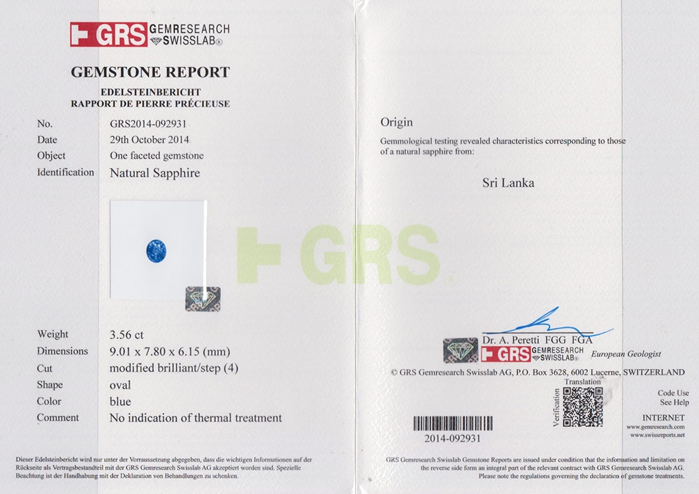 3.56-Carat GRS-Certified Unheated Oval-Cut Sri Lankan Sapphire - Click Image to Close