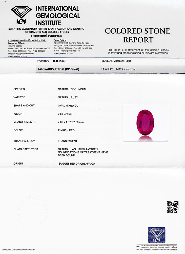 0.81-Carat IGI-Certified Natural & Untreated Oval-Cut Ruby - Click Image to Close