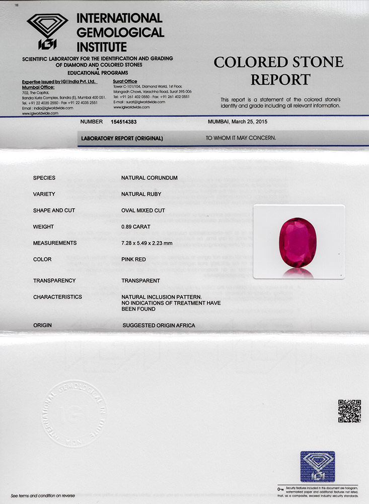 0.89-Carat VS-Clarity Pinkish Red Unheated Mozambique Ruby (IGI) - Click Image to Close