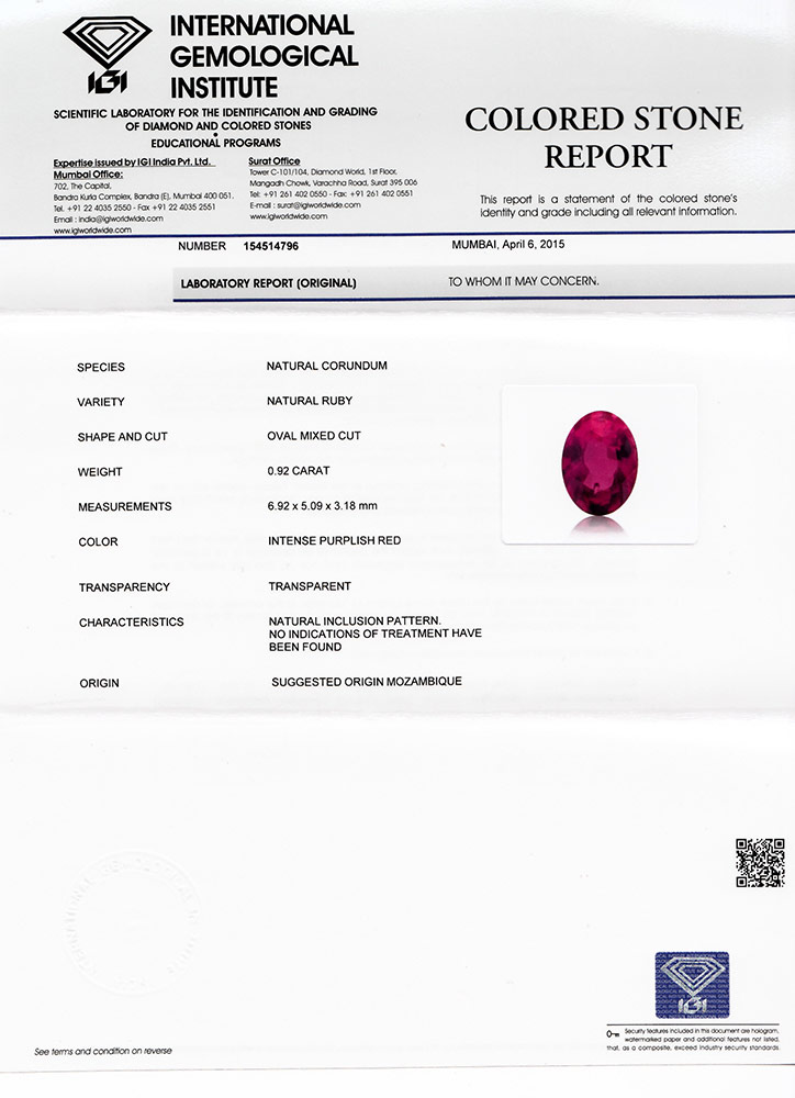 0.92-Carat Fiery Vivid Purplish Red Unheated Oval-Cut Ruby (IGI) - Click Image to Close