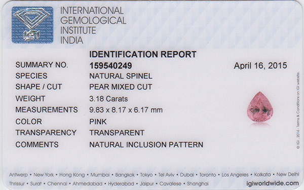 3.18-Carat Pear-Shaped Soft Pink Spinel from Tajikistan (IGI) - Click Image to Close