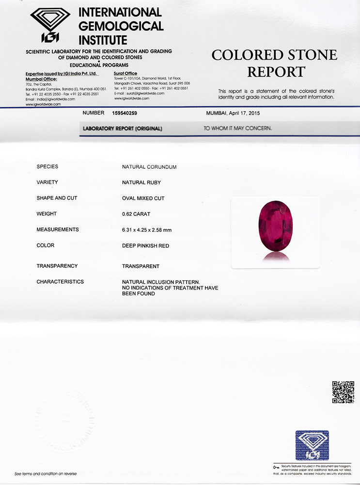 0.62-Carat Eye-Clean Rich Pinkish Red Ruby from Tajikistan (IGI) - Click Image to Close