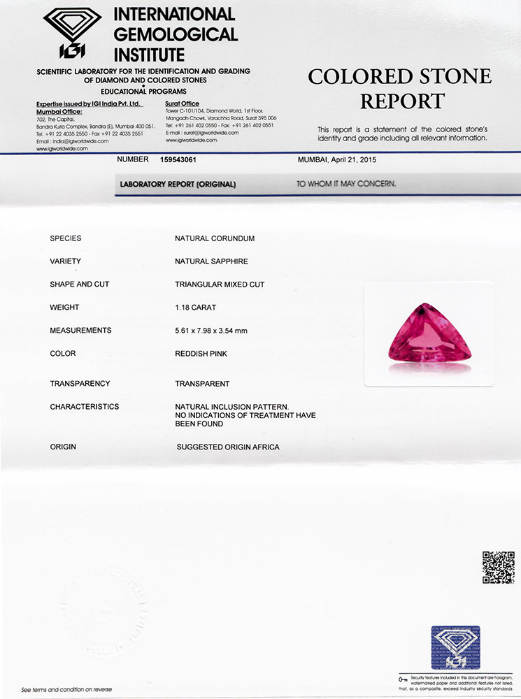 1.18-Carat Flawless Hot Pink Triangular-Cut Sapphire (Unheated) - Click Image to Close