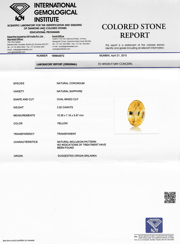 3.92-Carat IGI-Certified Unheated Oval Intense Yellow Sapphire - Click Image to Close