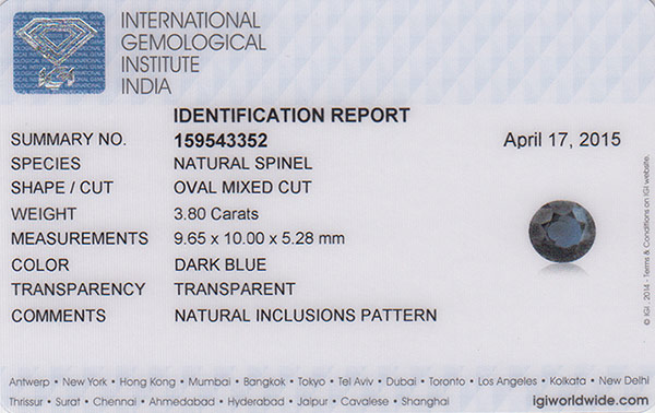 3.80-Carat IGI-Certified Natural Dark Blue Spinel from Sri Lanka - Click Image to Close