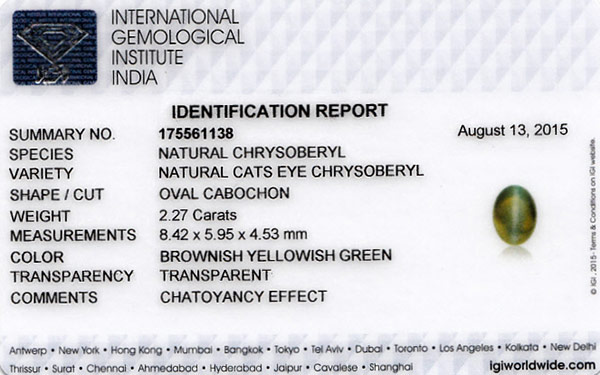 2.27-Carat IGI-Certified Chrysoberyl Cat's Eye from Sri Lanka - Click Image to Close