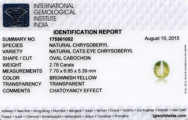 2.78-Carat Eye-Clean Yellow Chrysoberyl Cat's Eye from Sri Lanka - Click Image to Close