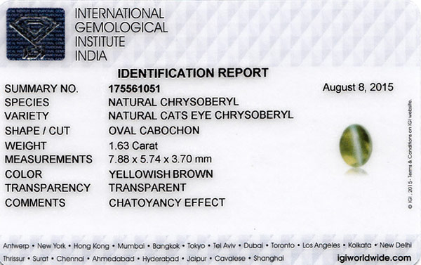 1.63-Carat Eye-Clean Yellowish Brown Chrysoberyl Cat's Eye (IGI) - Click Image to Close