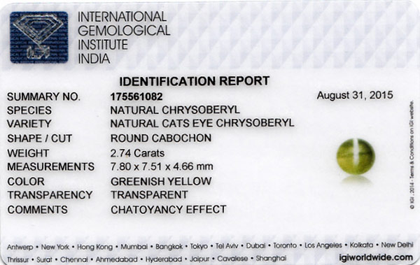 2.74-Carat 7.50mm Round Greenish Yellow Chrysoberyl Cat's Eye - Click Image to Close