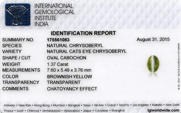 1.37-Carat Golden Yellow Chrysoberyl Cat's Eye from Sri Lanka - Click Image to Close