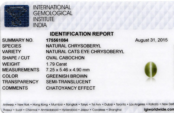 1.79-Carat Brownish Green Chrysoberyl Cat's Eye from Sri Lanka - Click Image to Close