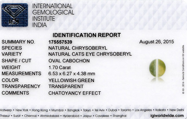 1.70-Carat Chrysoberyl Cat's Eye with Very Strong Chatoyance - Click Image to Close