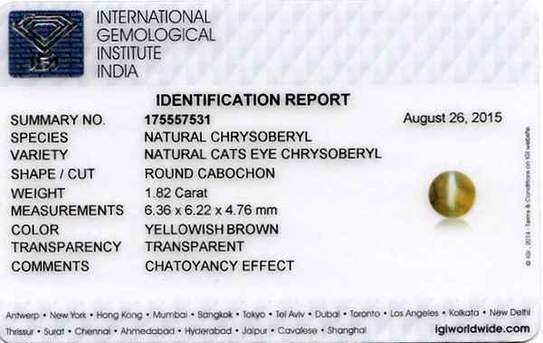 1.82-Carat 6mm Round Chrysoberyl Cat's Eye from Sri Lanka (IGI) - Click Image to Close