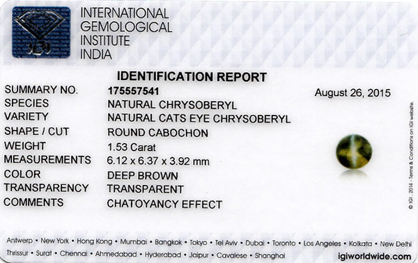 1.53-Carat 6mm Round Deep Brown Ceylon Chrysoberyl Cat's Eye - Click Image to Close