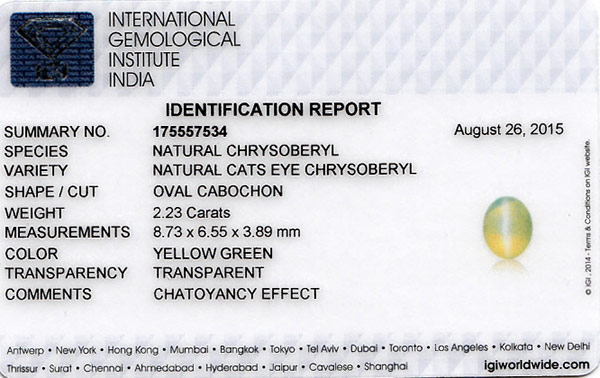 2.23-Carat Fluorescent Yellow Green Chrysoberyl Cat's Eye - Click Image to Close