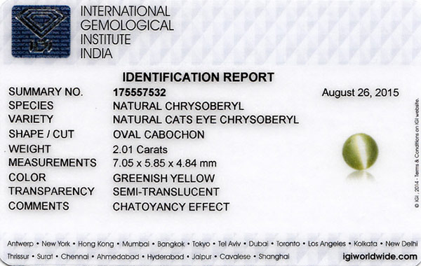 2.01-Carat Greenish Yellow Chrysoberyl Cat's Eye from Sri Lanka - Click Image to Close