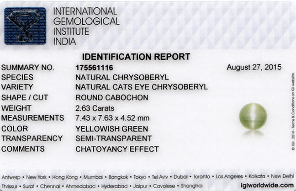 2.63-Carat 7mm Round Chrysoberyl Cat's Eye with Sharp Chatoyance - Click Image to Close