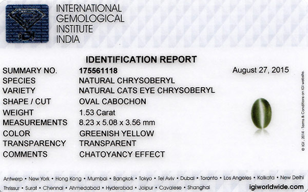 1.53-Carat VVS-Clarity Golden Yellow Chrysoberyl Cat's Eye (IGI) - Click Image to Close