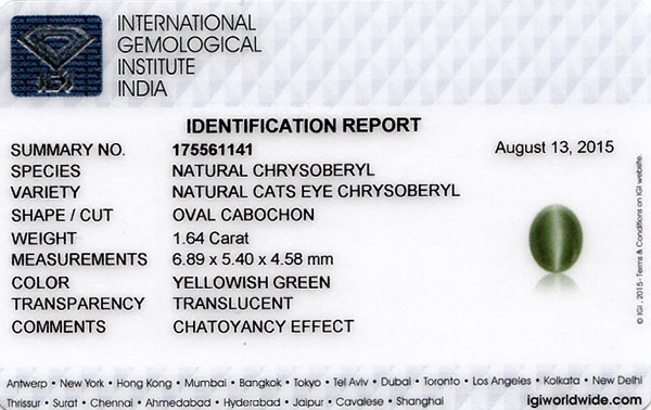 1.64-Carat Soft Yellowish Green Sri Lankan Chrysoberyl Cat's Eye - Click Image to Close
