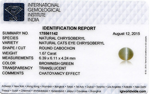 1.67-Carat Greenish Brown Chrysoberyl Cat's Eye from Sri Lanka - Click Image to Close