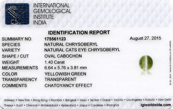 1.40-Carat Rare Intense Greenish Yellow Chrysoberyl Cat's Eye - Click Image to Close