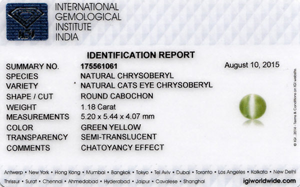 1.18-Carat Brownish Yellow Chrysoberyl Cat's Eye from Sri Lanka - Click Image to Close