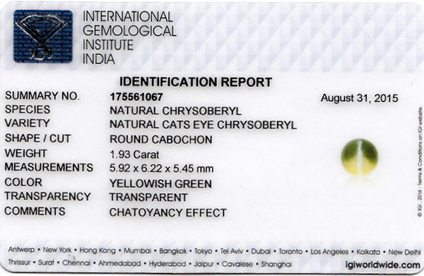 1.93-Carat VS-Clarity Deep Greenish Yellow Chrysoberyl Cat's Eye - Click Image to Close