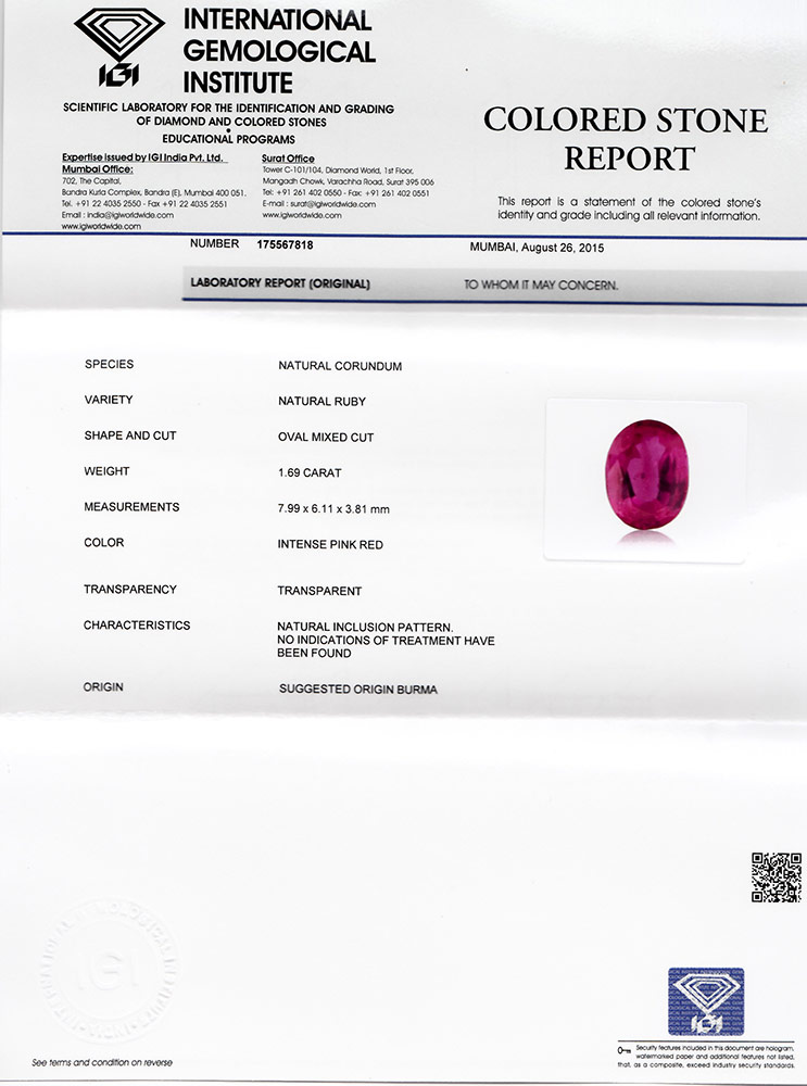 1.69-Carat IGI-Certified Unheated Vivid Pink Red Ruby from Burma - Click Image to Close