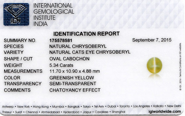 5.35-Carat Lively Greenish Yellow Chrysoberyl Cat's Eye (IGI) - Click Image to Close