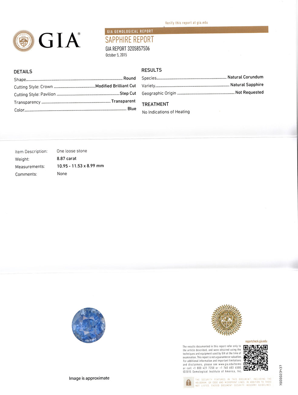 8.87-Carat Unheated 11mm Round Ceylon Sapphire (GIA-Certified) - Click Image to Close