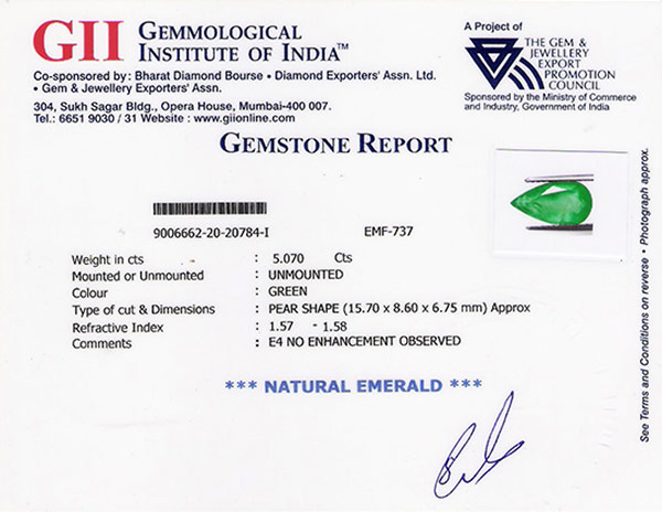 5.07-Carat Natural & Untreated Pear-Shaped Emerald from Colombia - Click Image to Close