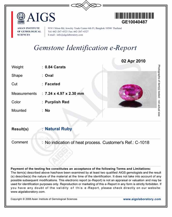 0.84-Carat Unheated Purplish Red Ruby from Mozambique (AIGS) - Click Image to Close