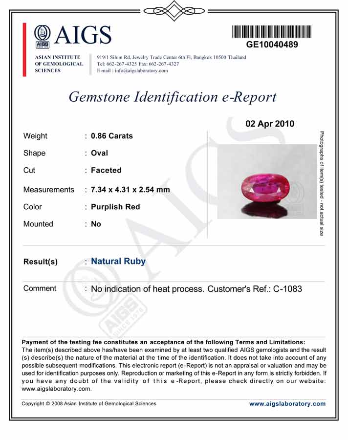 0.86-Carat AIGS-Certified Unheated Magenta Red Ruby - Click Image to Close