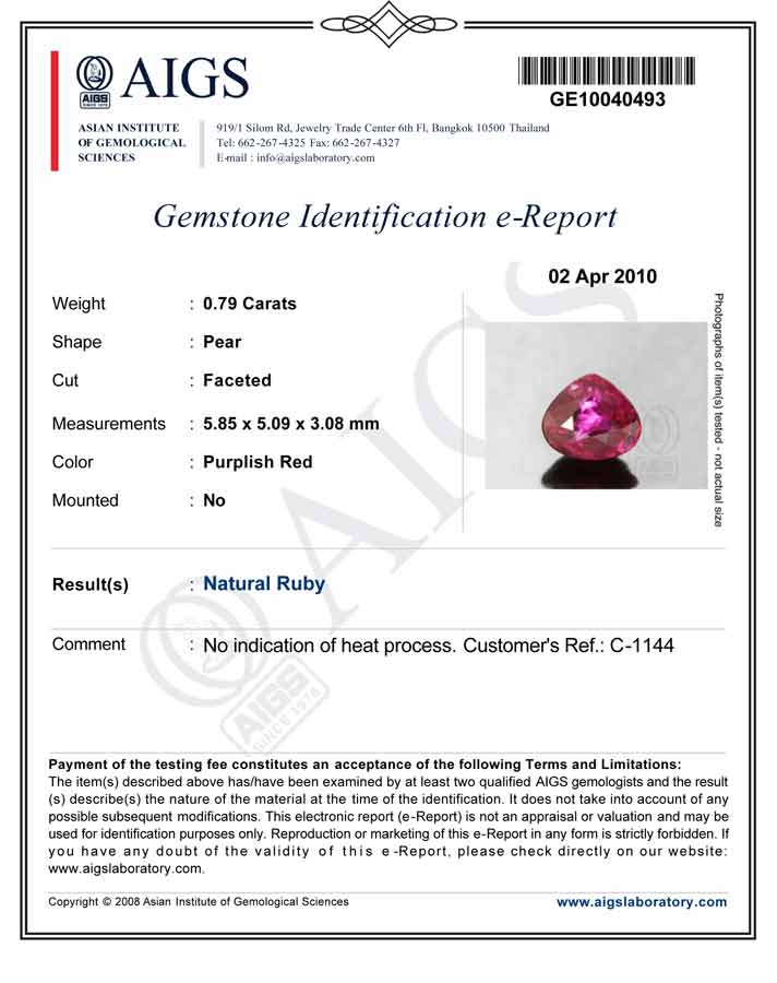 0.79-Carat Unheated Heart-Shaped Ruby from Mozambique (AIGS) - Click Image to Close