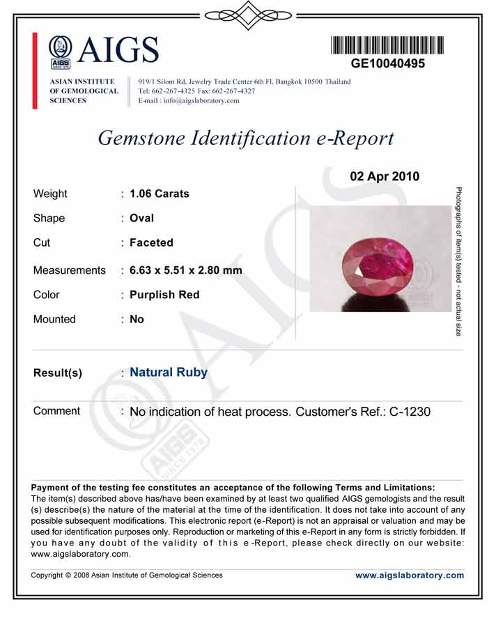 1.06-Carat AIGS-Certified Unheated Purplish Red Ruby - Click Image to Close