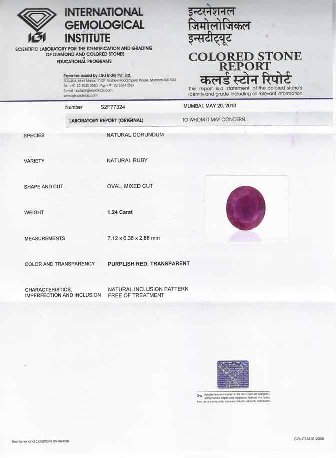 1.24-Carat Pleasing Magenta Red Unheated Burmese Ruby (IGI) - Click Image to Close