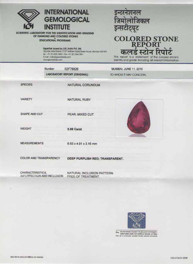 0.88-Carat Sparkling Pear-Shaped Unheated Burmese Ruby (IGI) - Click Image to Close