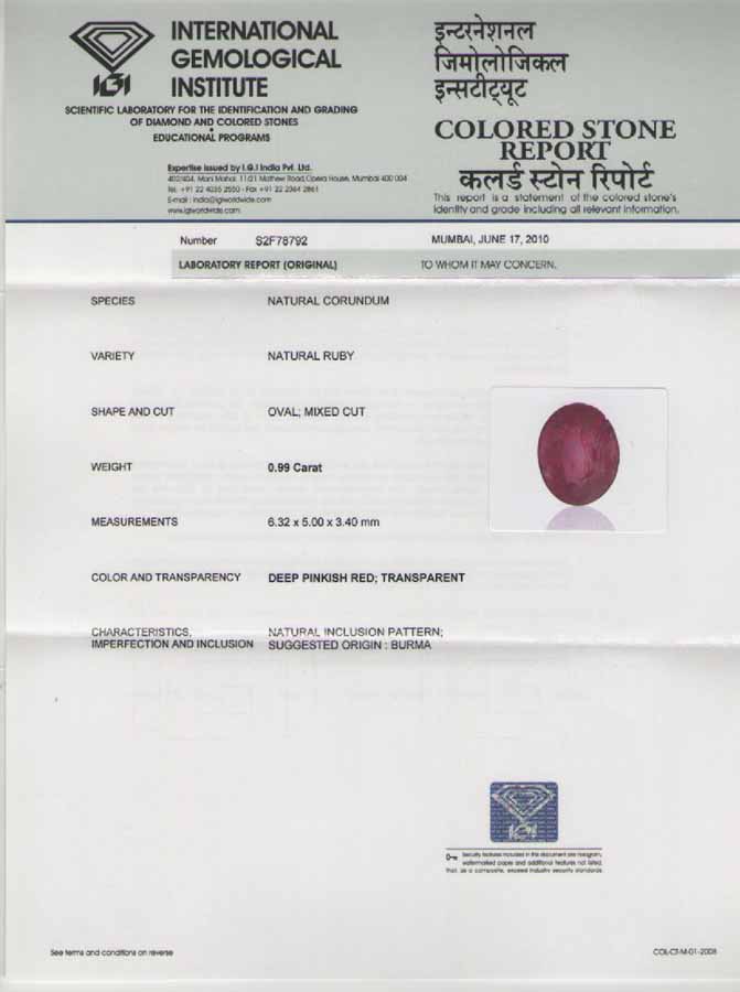 0.99-Carat Natural & Unheated IGI-Certified Burma Origin Ruby - Click Image to Close