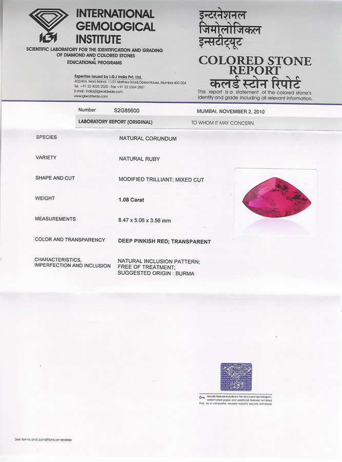 1.08-Carat Unique Trilliant-Cut Neon Red Unheated Burmese Ruby - Click Image to Close