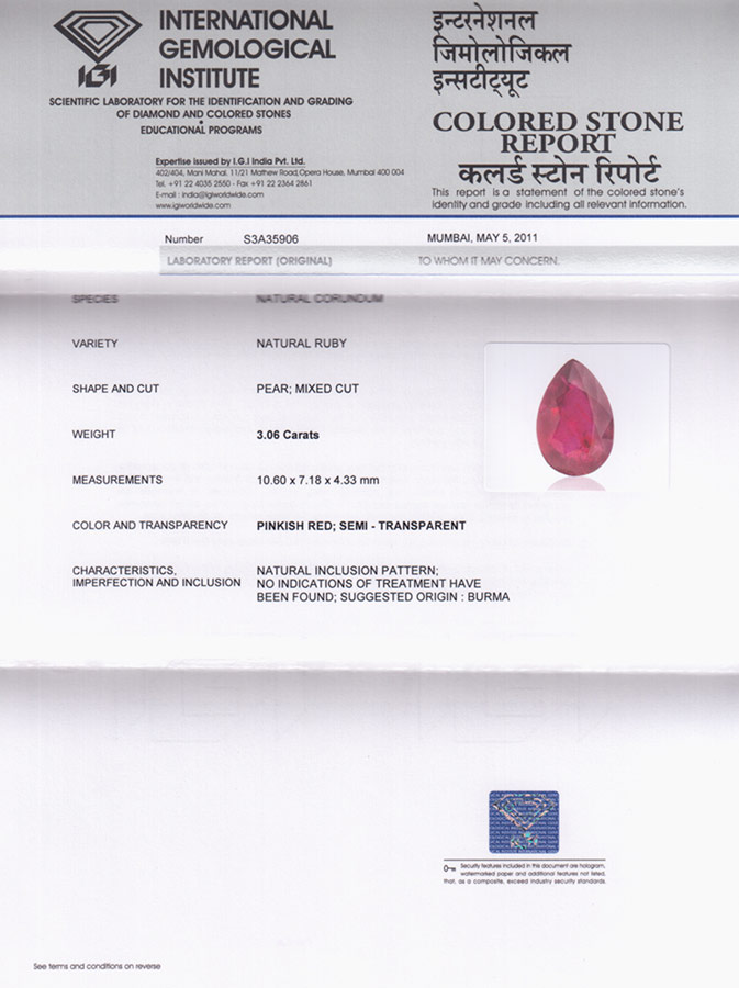 3.06-Carat IGI-Certified Unheated Eye-Clean Burmese Ruby - Click Image to Close