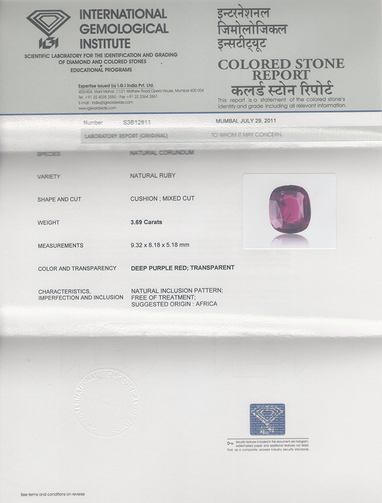 3.69-Carat Splendid Intense Pinkish Red Unheated Mozambique Ruby - Click Image to Close