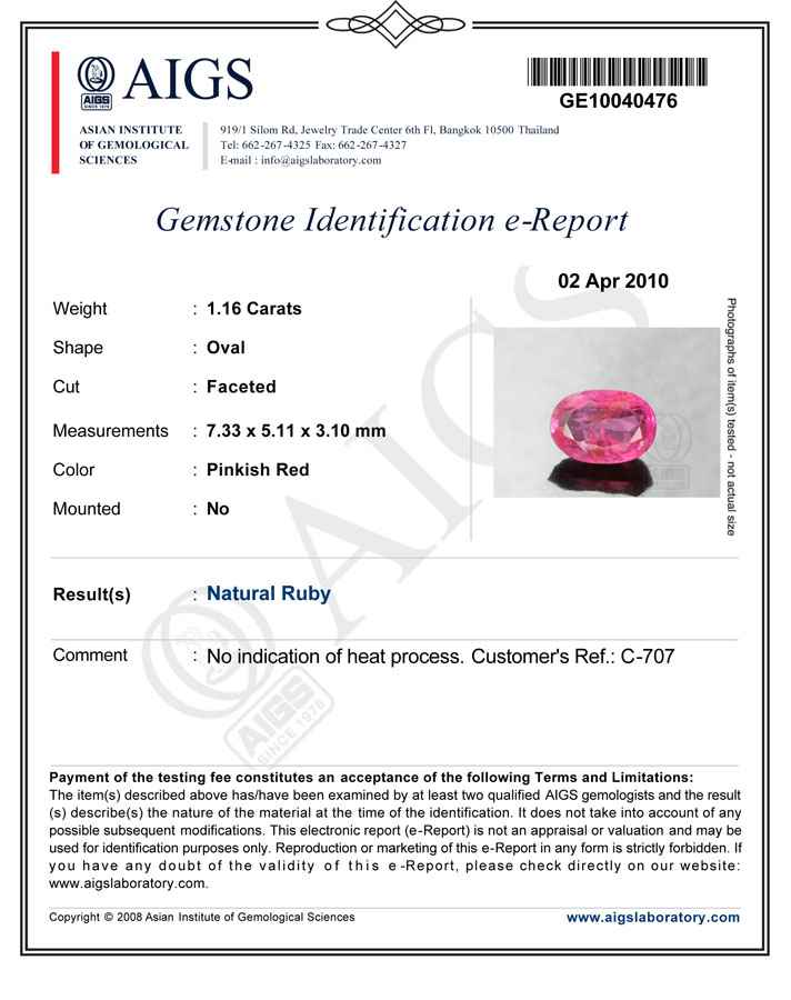 1.16-Carat Pinkish Red Unheated Burmese Ruby (AIGS Certified) - Click Image to Close