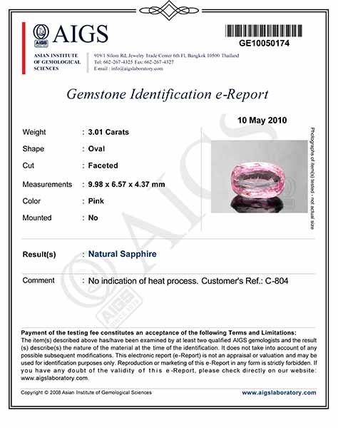 3.01-Carat AIGS-Certified Unheated Sri Lankan Pink Sapphire - Click Image to Close
